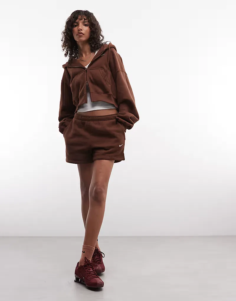 Худи Nike Studio Fleece средней плотности, свободного кроя, укороченное, на молнии, коричневый — фото 2
