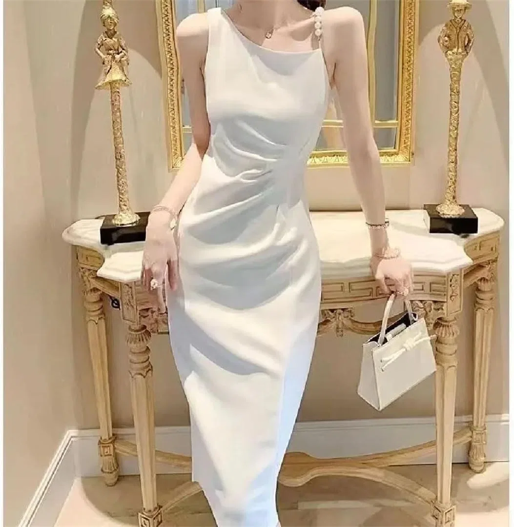 Женское платье миди с жемчужными бретелями, White — фото 3