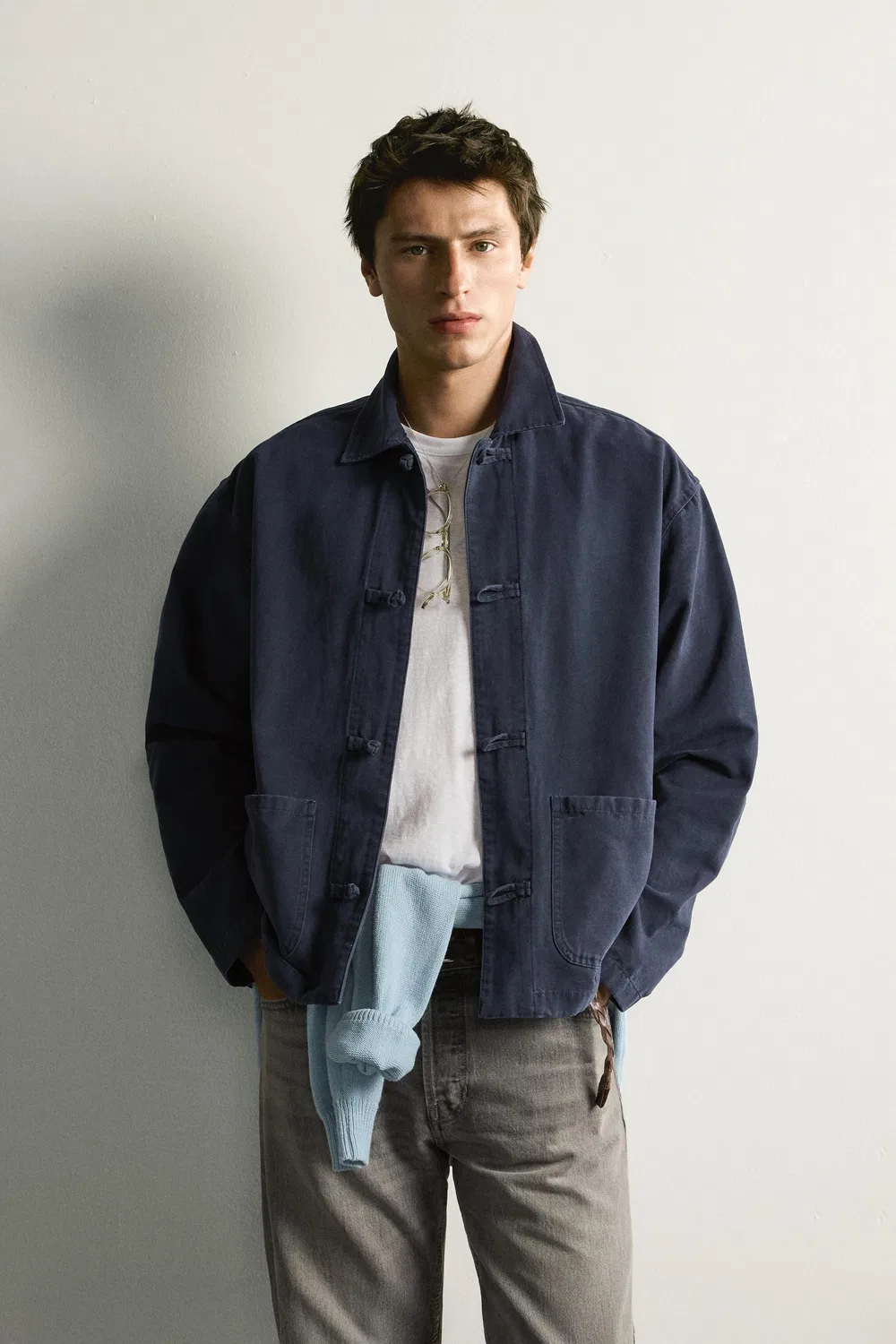 Рубашка-накидка стандартного кроя с застежкой-узлом. ZARA, Navy blue — фото 2