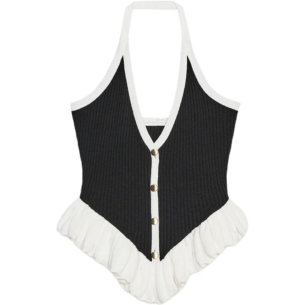 Женская майка на бретелях с V-образным вырезом, Black/White, ZARA