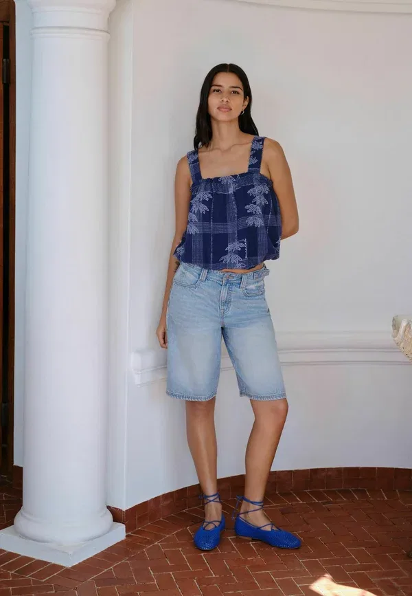 Топ хлопковый sleeveless bubblehem top Next, темно-синий Print — фото 4