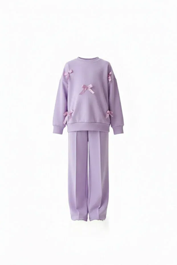 Детский комплект из свитшота и брюк с бантом Lilac Bow Detailed Dimoi Kids, Lilac — фото 2