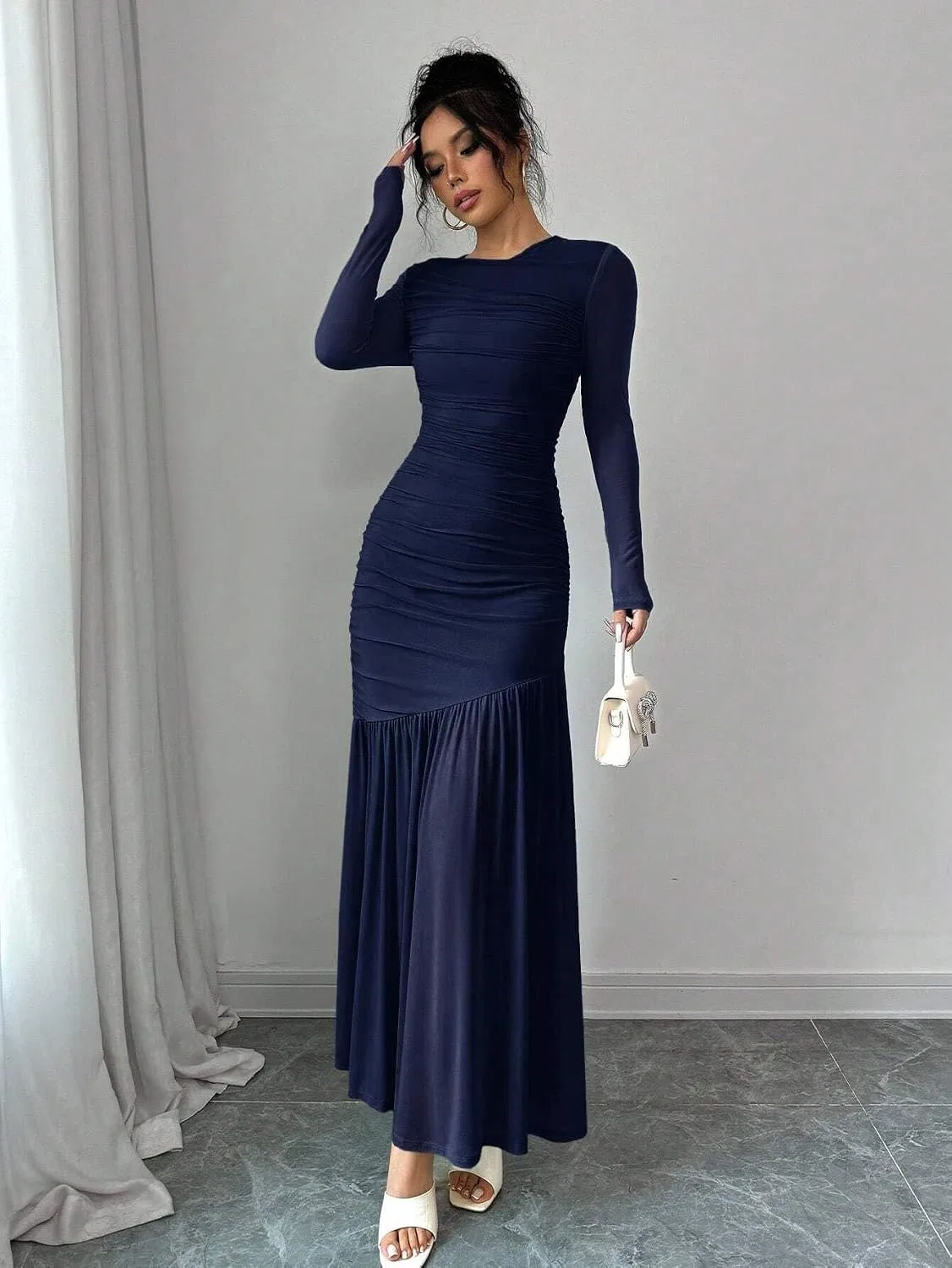 Женское платье-миди с длинным рукавом Mesh, Round Neck, Navy Blue — фото 2