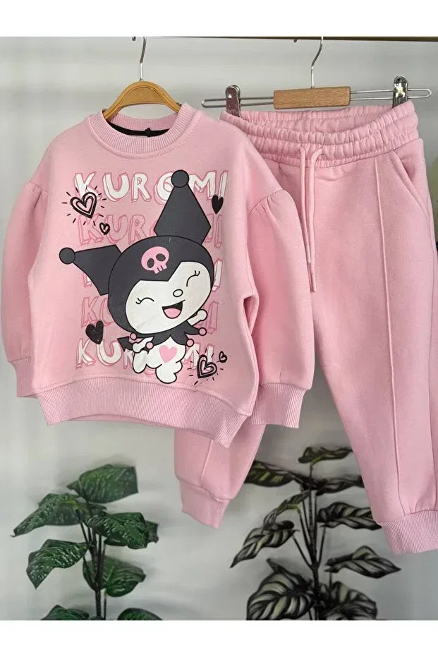 Детский для девочек комплект спортивного костюма с принтом Kuromi patterned pink 3 thread ribbed, Paty Kids, Pink — фото 3