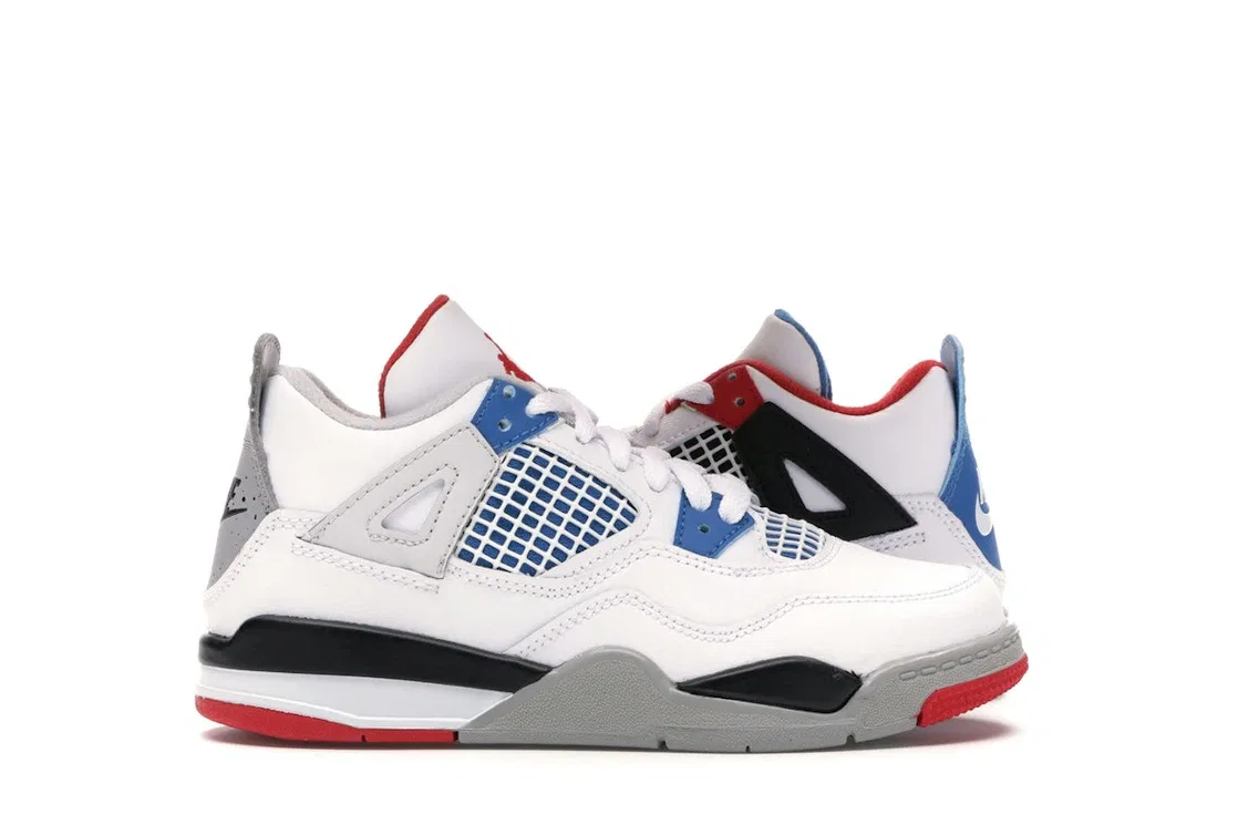 Детские кроссовки с принтом Jordan 4 Retro Jordan, White/Military Blue-Fire Red-Black-Cement Grey