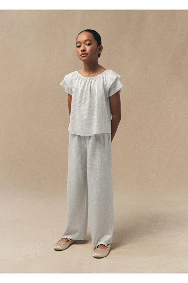 Детские брюки прямого кроя для девочек Metallic straight cut trousers Mango Kids, Silver Color