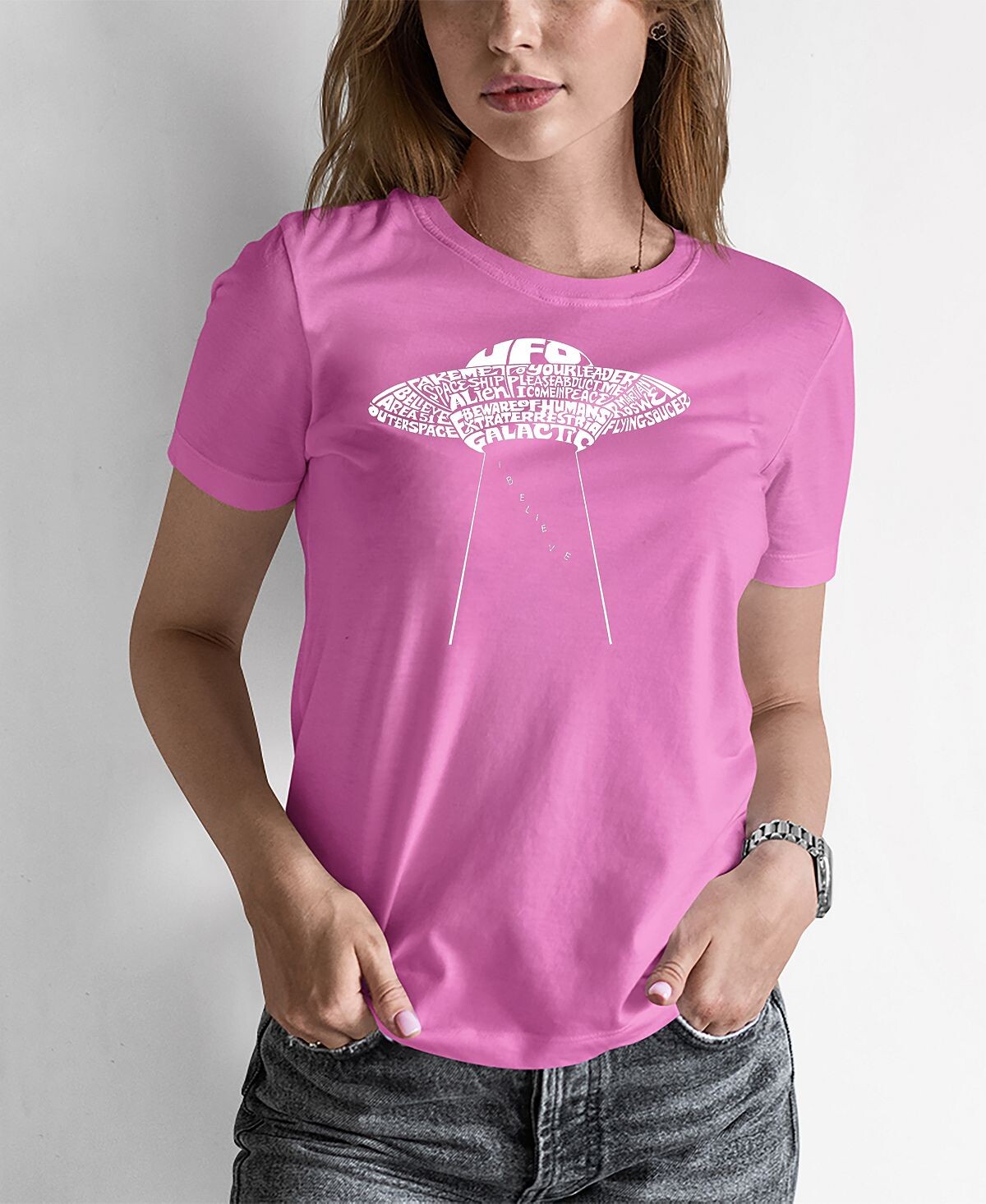 

Женская футболка word art flying saucer ufo LA Pop Art, розовый