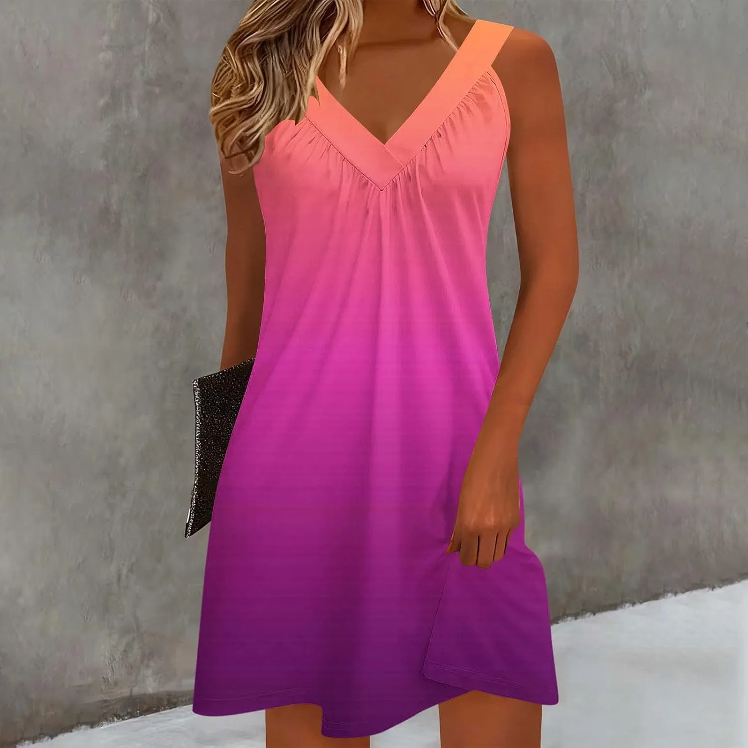 Женское летнее платье с цветочным принтом Gradient V Neck, Hot Pink — фото 2