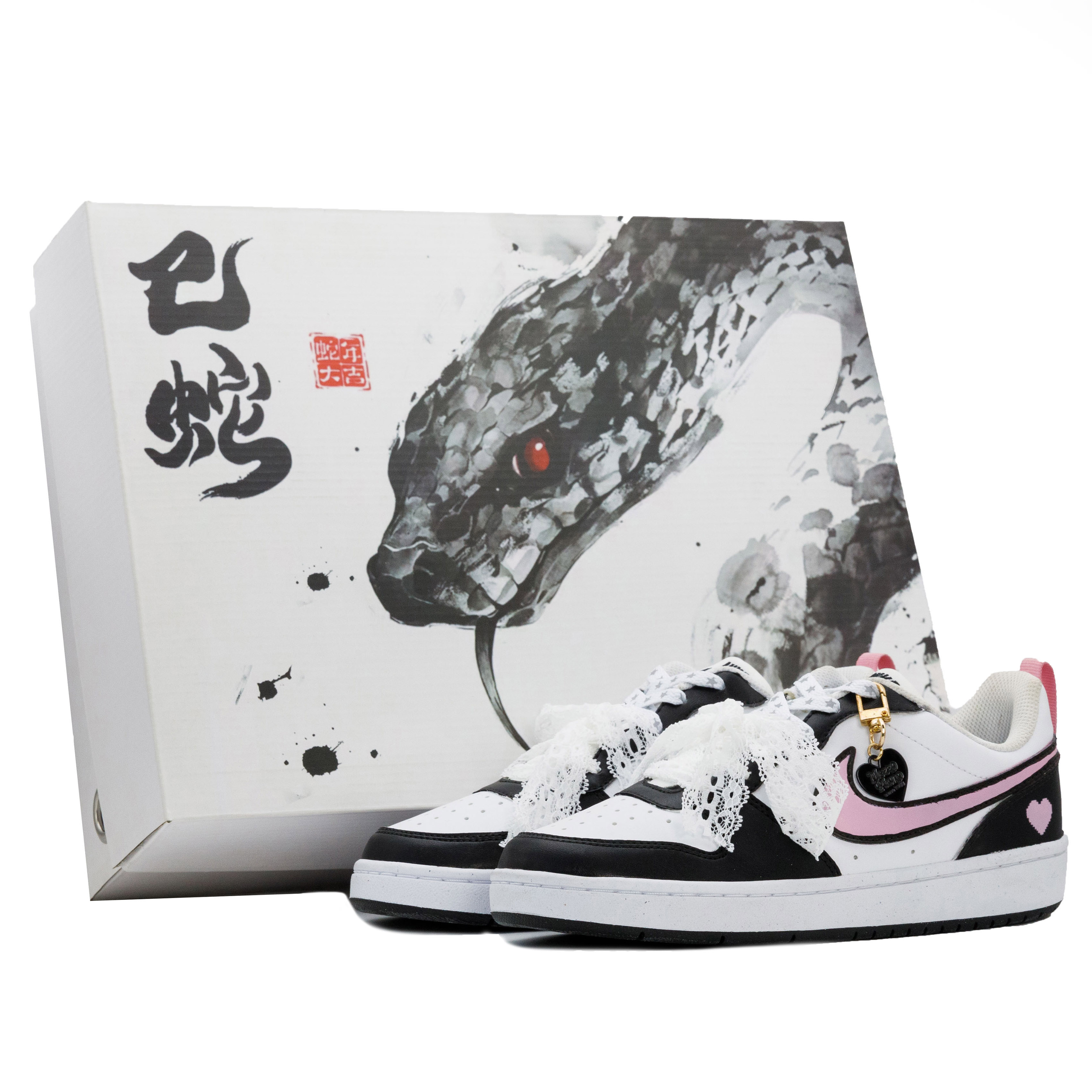 

Nike Низкие детские кроссовки для скейтбординга Court Borough Sweetheart Fault Box в комплекте, цвет: черный, белый, розовый, подростковый