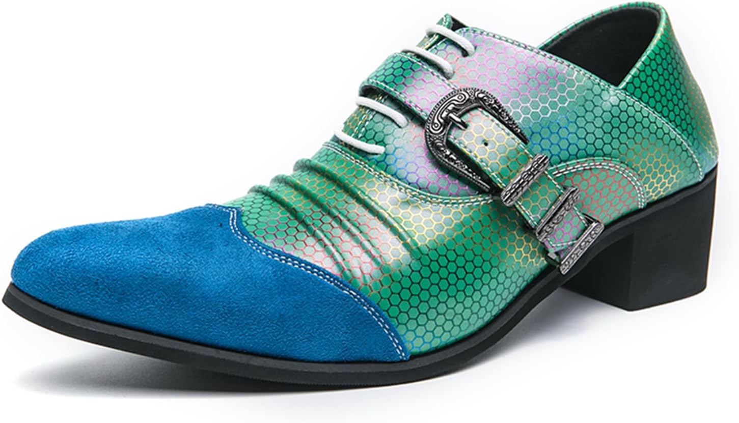 

Мужские голографические классические туфли Dacnakby с замшевым носком, пряжкой, каблуком-блоком и шестиугольным узором. Удобные лоферы для костюма и повседневной носки, синий