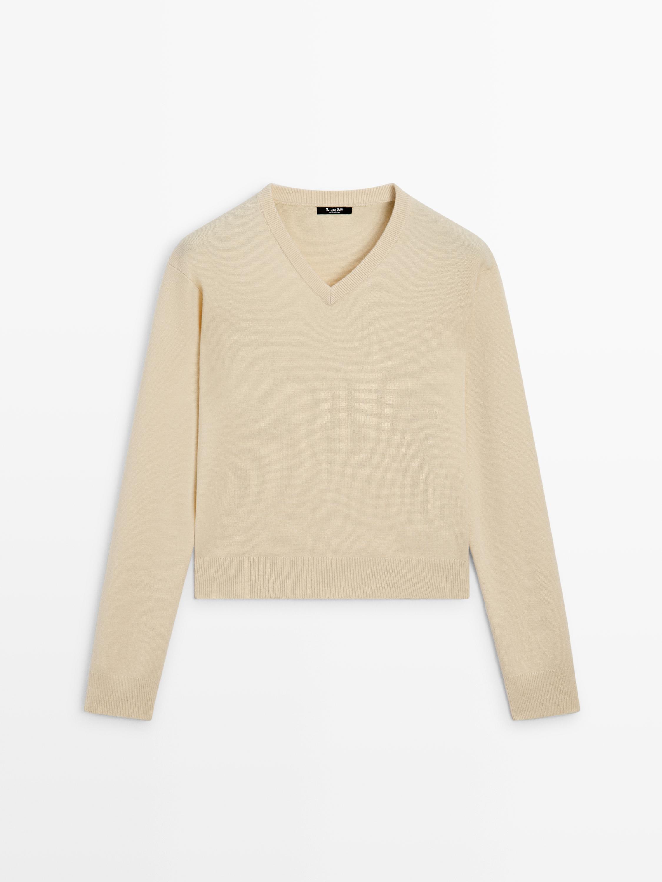 Вязаный свитер с V-образным вырезом Massimo Dutti, vanilla — фото 2