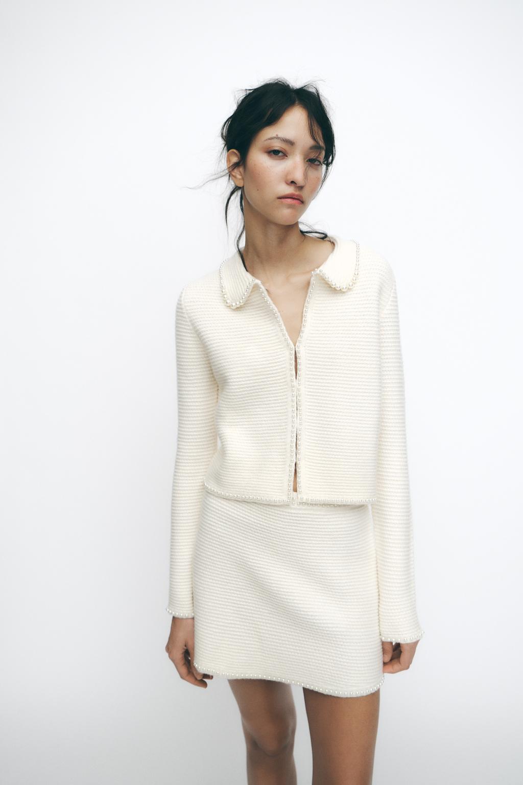 

Вязаная мини-юбка с искусственным жемчугом ZARA, экрю