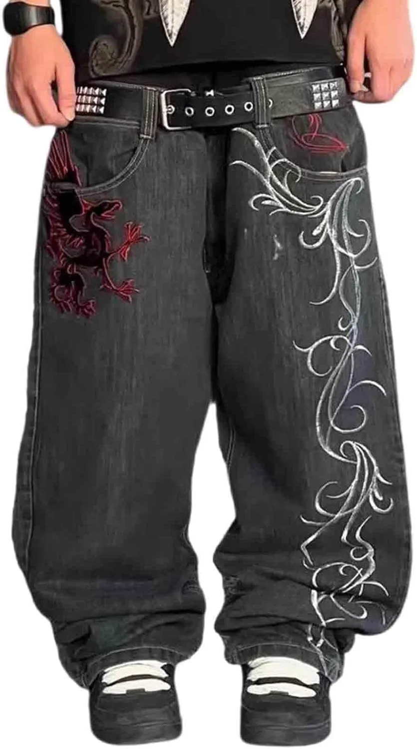 

BXCNCKD Unisex Retro Street Trendy джинсы Hiphop Loose Wide Leg темные готические с вышивкой