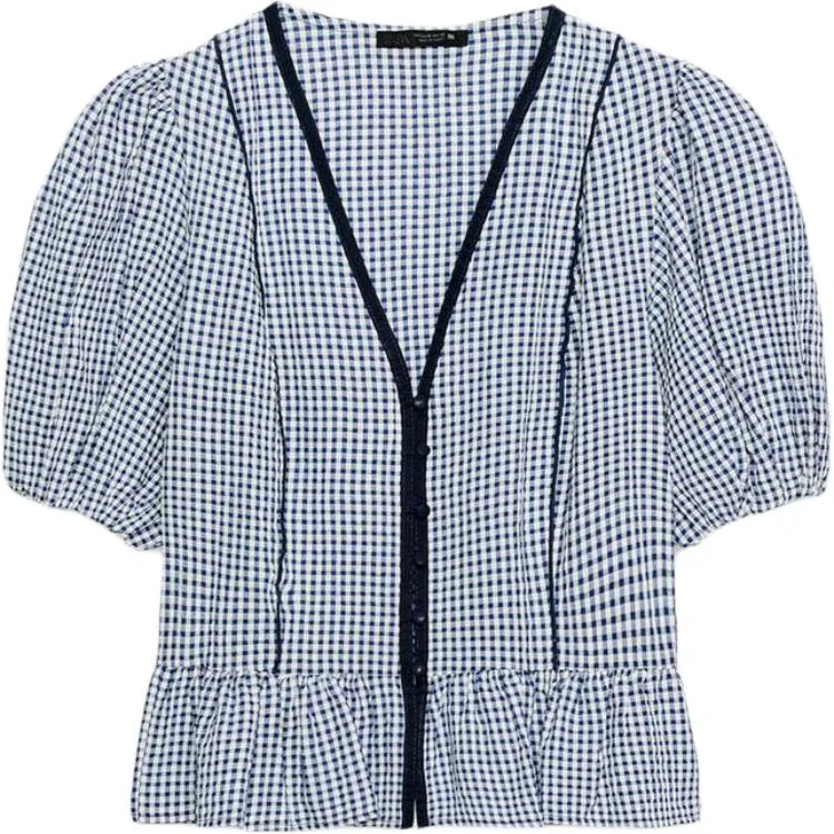 Женская рубашка с V-образным вырезом Sea Blue/White ZARA, Sea Blue/White