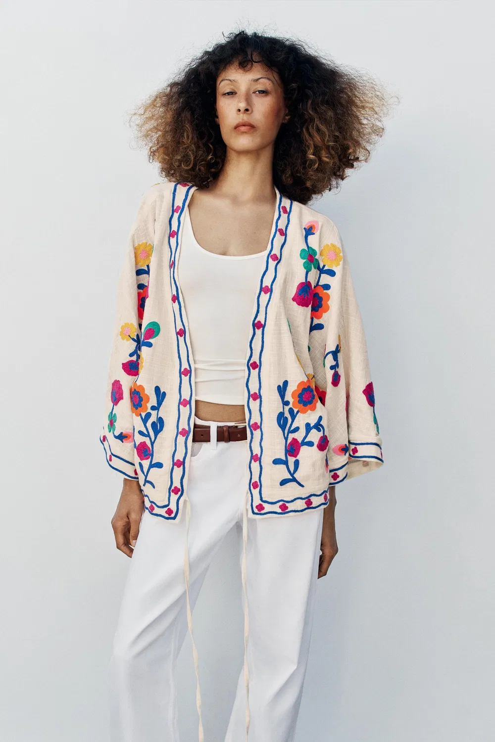 Кимоно с цветочной вышивкой ZARA, Ecru