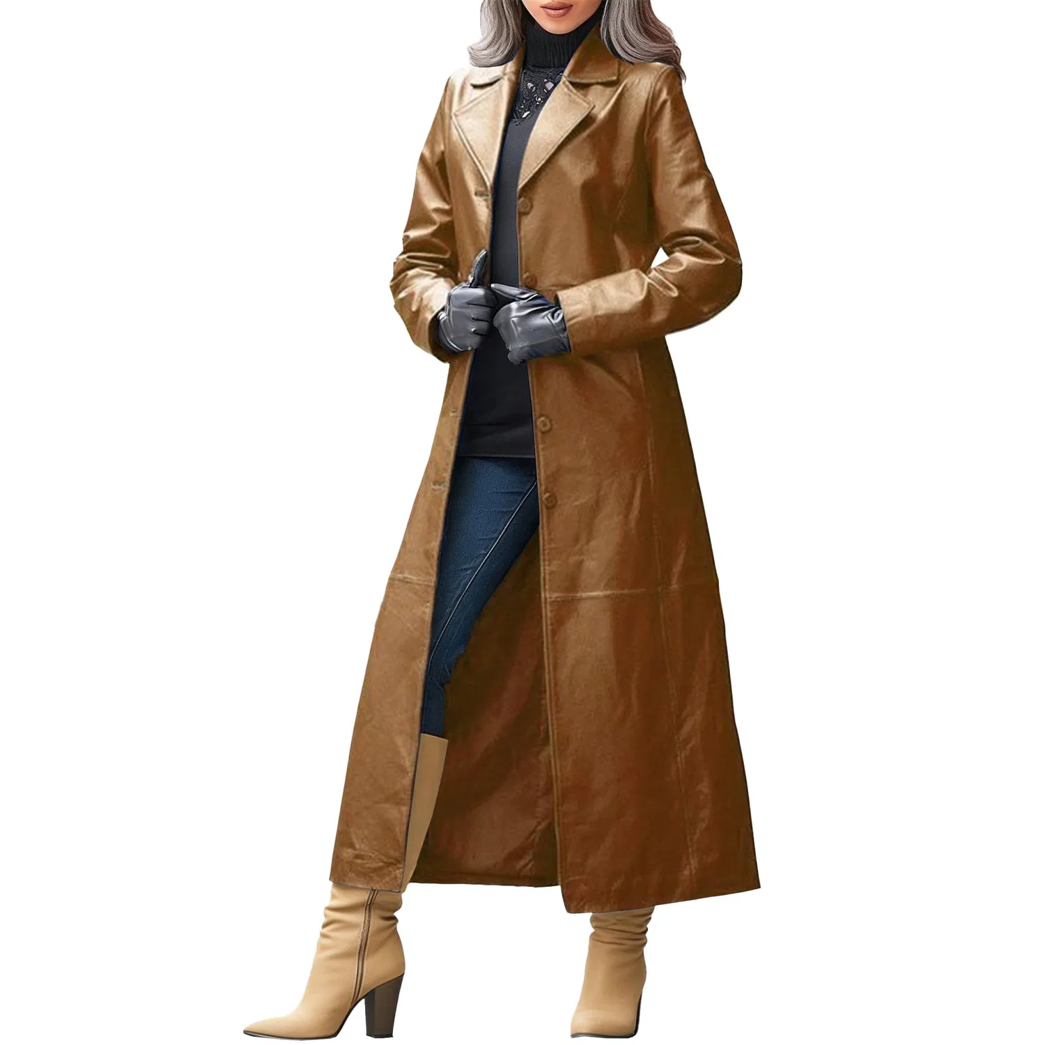Женское зимнее пальто с лацканами из искусственной кожи, brown