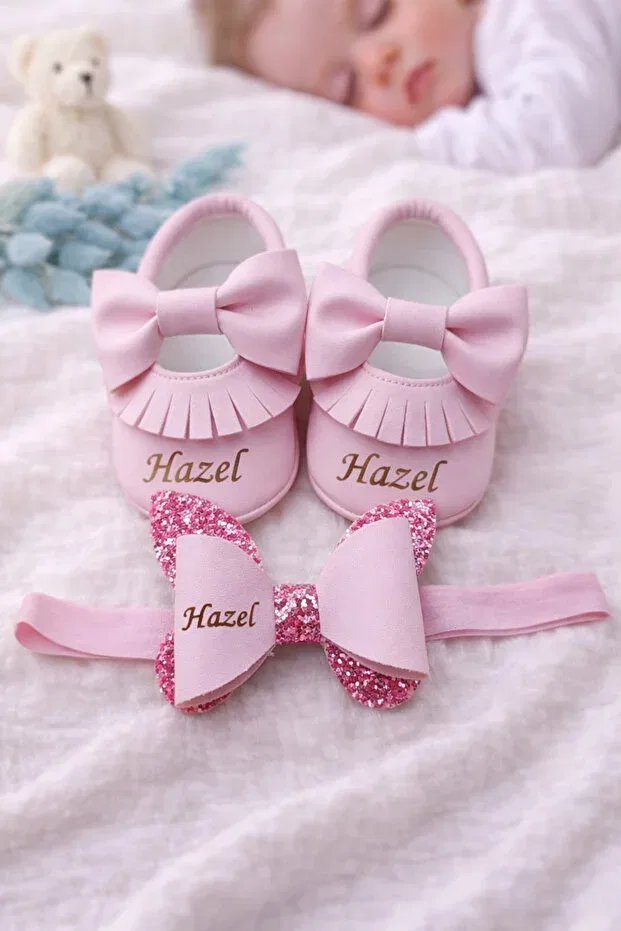 Детские туфли для девочек с набором повязки Personalized named baby girl shoes and headband set Marasmakosen, Pink — фото 2