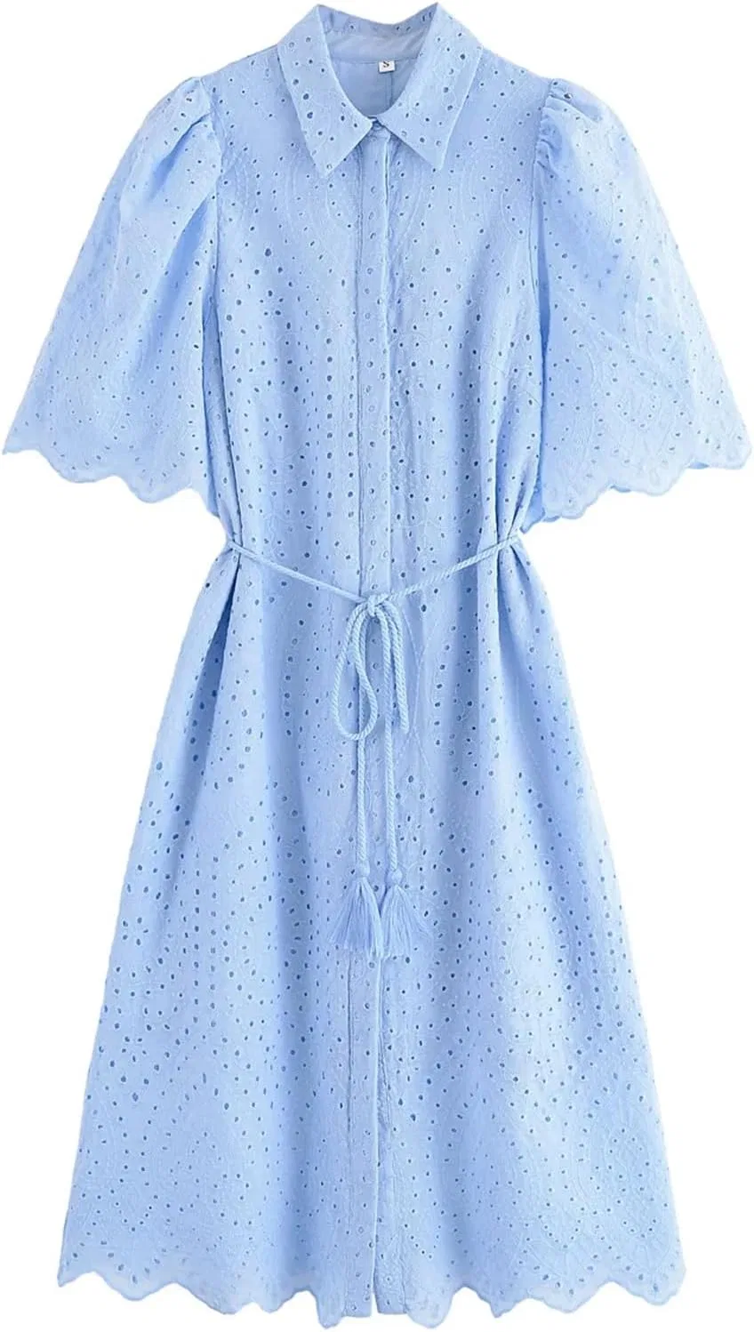 Женское платье миди с вышивкой и поясом Casual Elegant, Sky Blue — фото 2