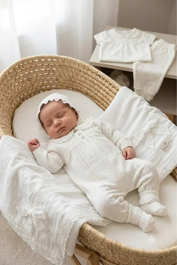 Детский комплект для выписки с кружевом Babydola, Ecru