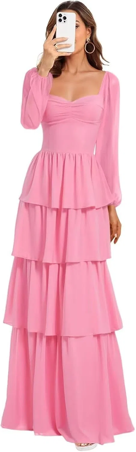 Женское длинное платье с воланами из шифона, Hot Pink