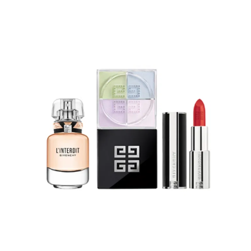 Женский набор парфюма и косметики Givenchy, Unrestrained Light Perfume, Loose Powder, Lambskin Lipstick, Givenchy, Multicolor