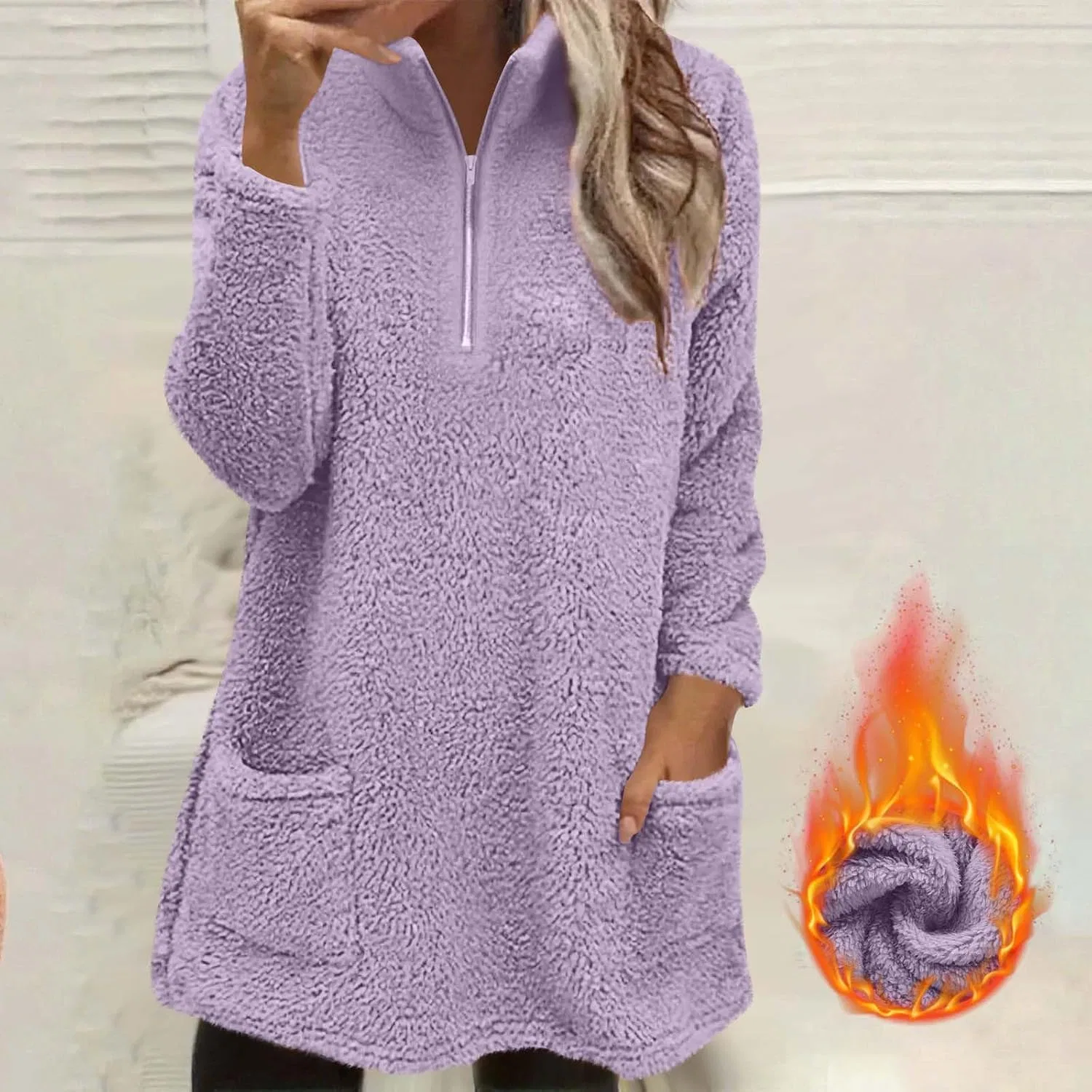 Женский пуловер из флиса с длинным рукавом, с воротником-стойкой, на молнии, Oversized, фиолетовый — фото 2