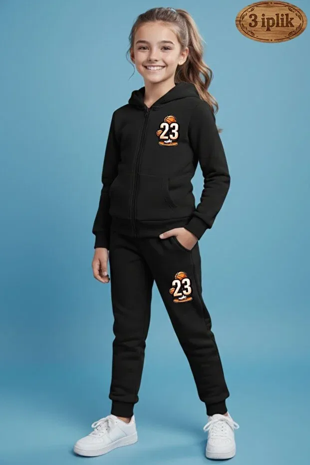 Детский спортивный костюм с принтом 3 thread ş fleece-lined 23 b printed zippered tracksuit set Cm Buseyiz, Black