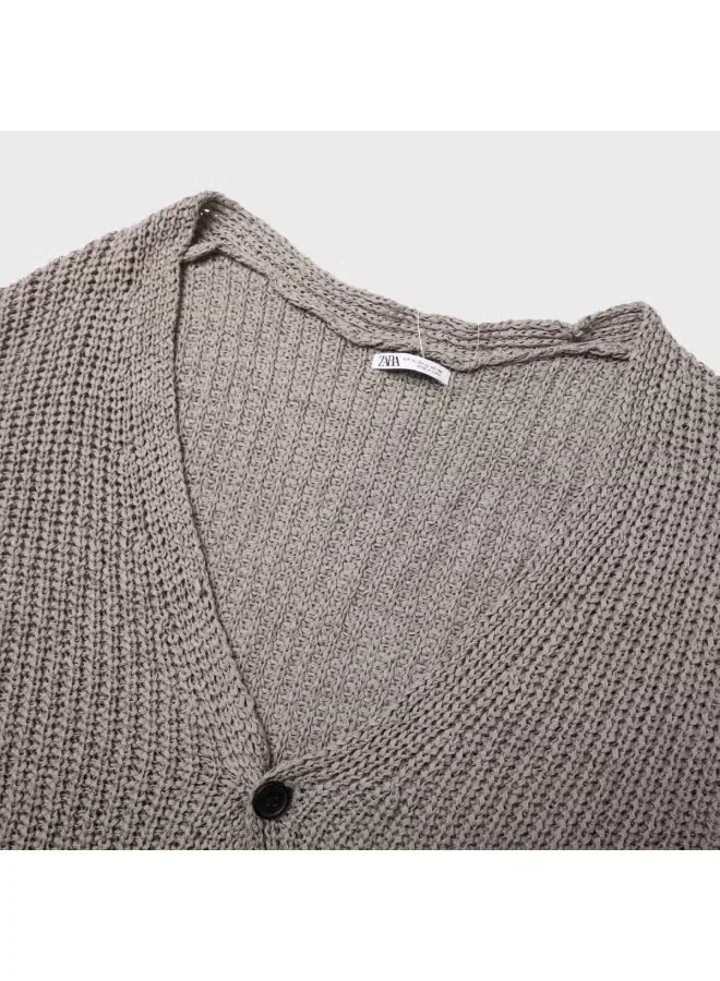 Кардиган свободного кроя с длинным рукавом и V-образным вырезом Zara, серый — фото 4