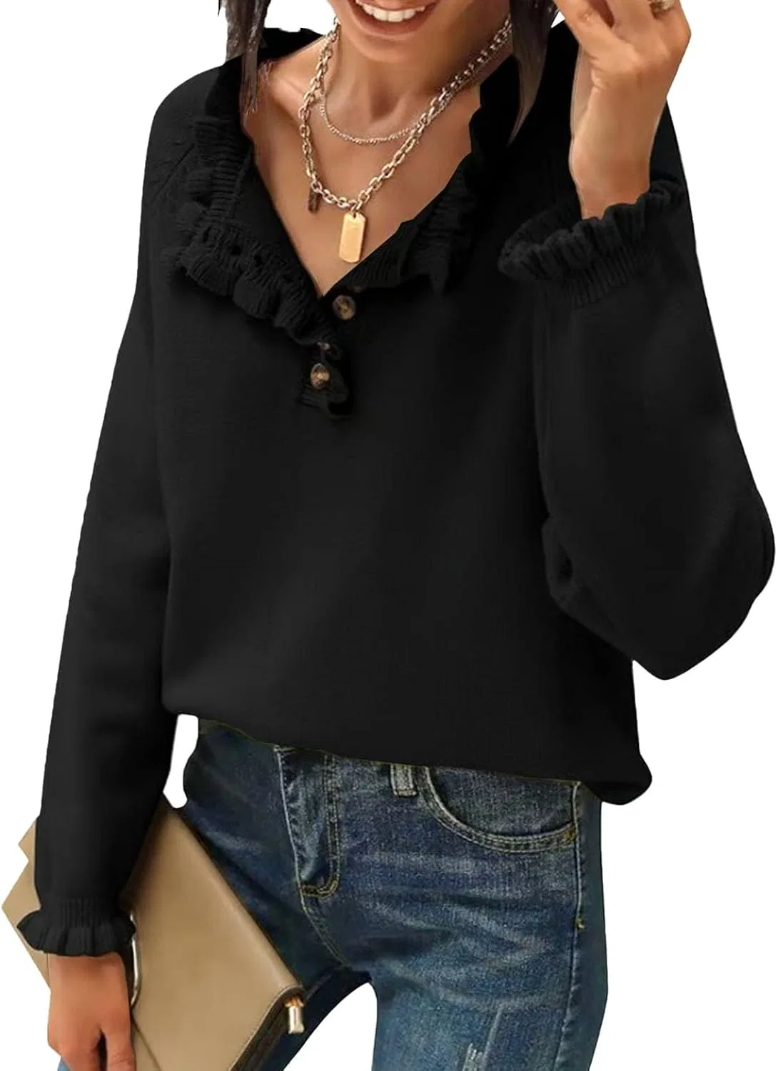 Женский свитер с рюшами, модель Ruffle Sweaters, чёрный