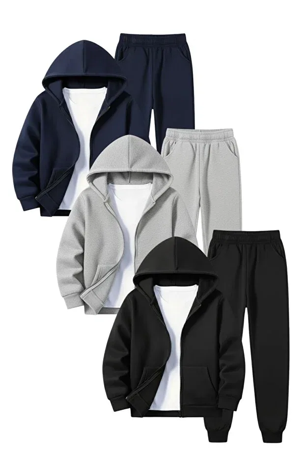 Детский комплект для мальчиков из трех предметов с капюшоном Fyk Kids, Navy Blue-Grey-Black