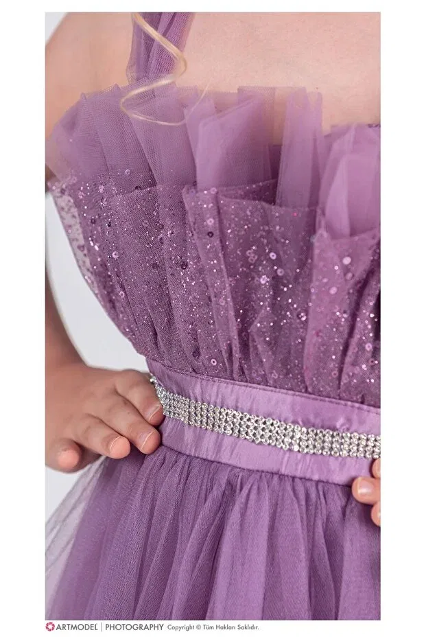 Детское платье для девочек хлопковое E.T.Ç baby stone belted ruffle detailed girl's dress Etç Baby, Dark Lilac — фото 4