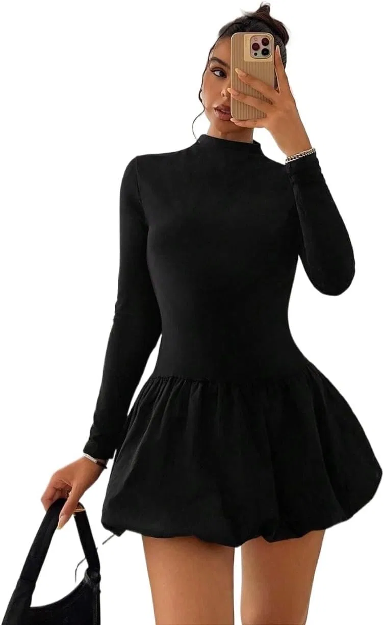 Женское платье мини A-силуэта с воланами Long Sleeve Casual Dress, Black — фото 3