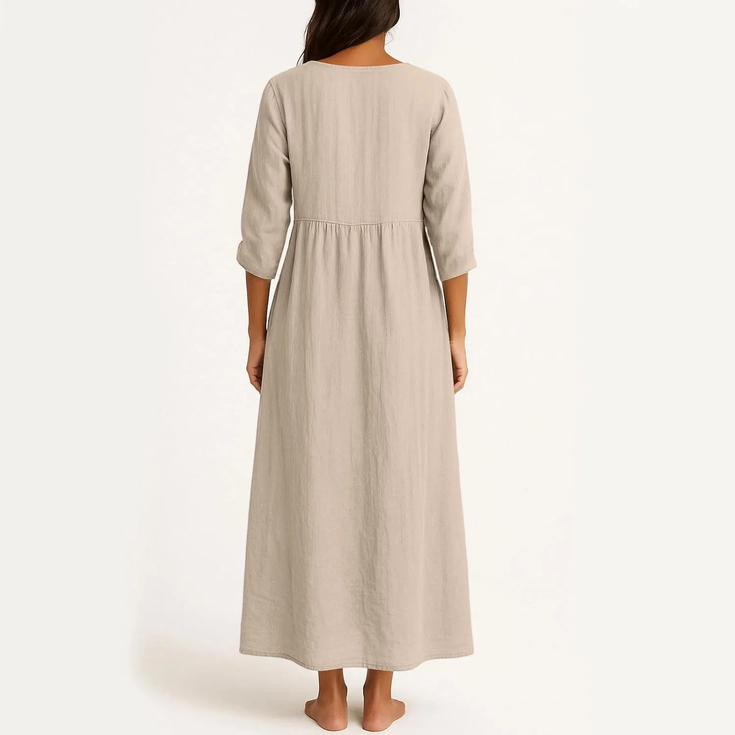 Женское платье миди V-образным вырезом cotton linen dress, Beige — фото 4