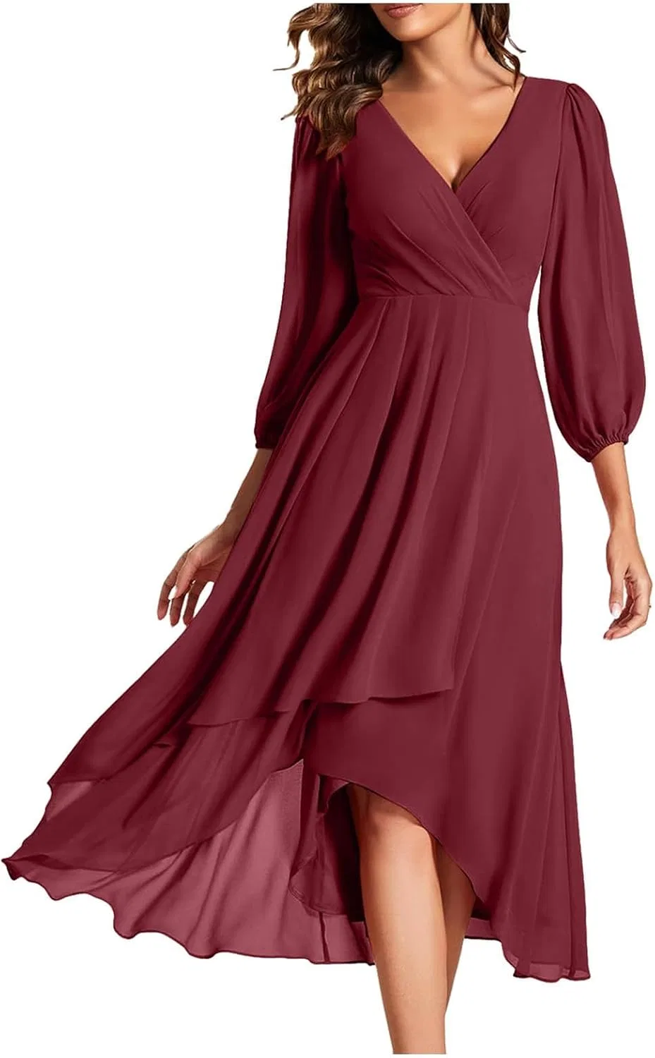 Женское платье с пышными рукавами, Chiffon, винный