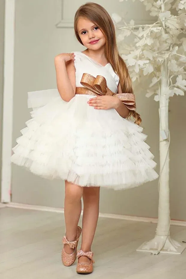 Детское платье для девочек с пайетками Girl'S glittery bow detailed layered tulle white evening dress Riccotarz, White — фото 2
