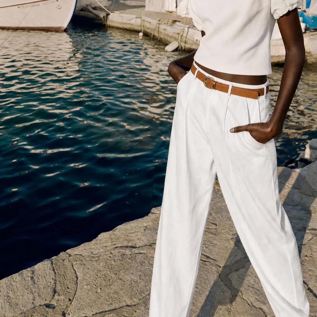 Женские брюки повседневные белые зауженные ZARA, White — фото 4
