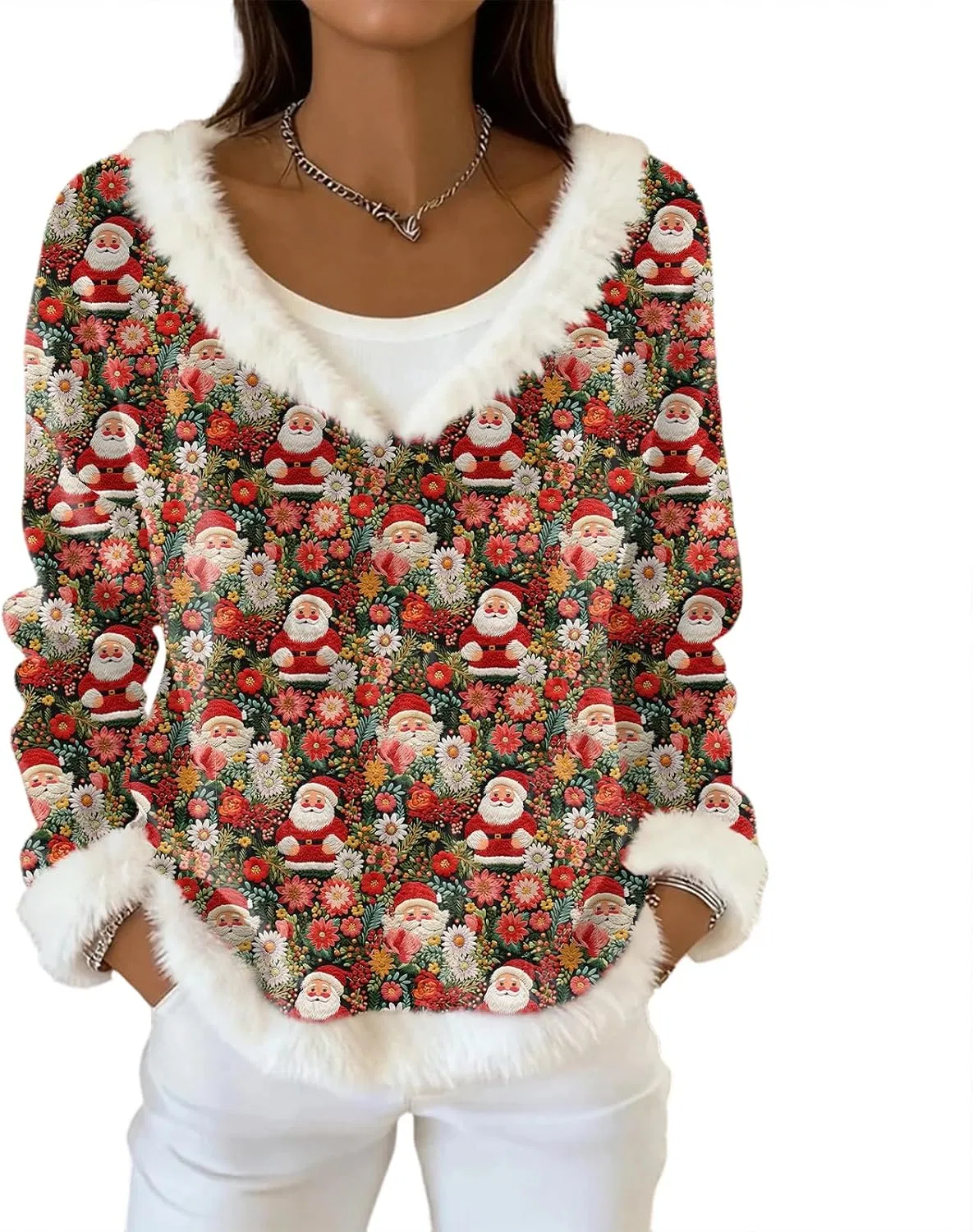 Женский свитшот с фланели с отделкой из искусственного меха, Christmas Sweaters For Women, красный