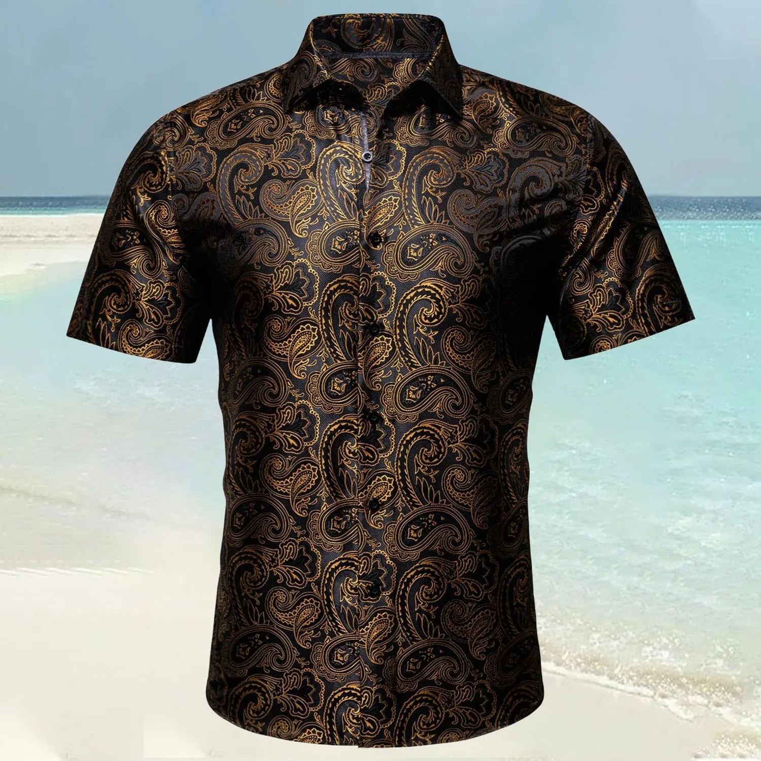 Мужская рубашка с коротким рукавом с принтом Paisley Shiny Satin Baroque Design, Brown — фото 2