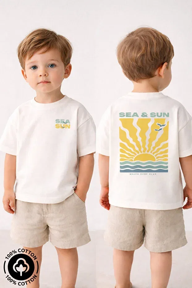 Детская футболка для девочек с принтом Sea Sun, Miniel, Ecru