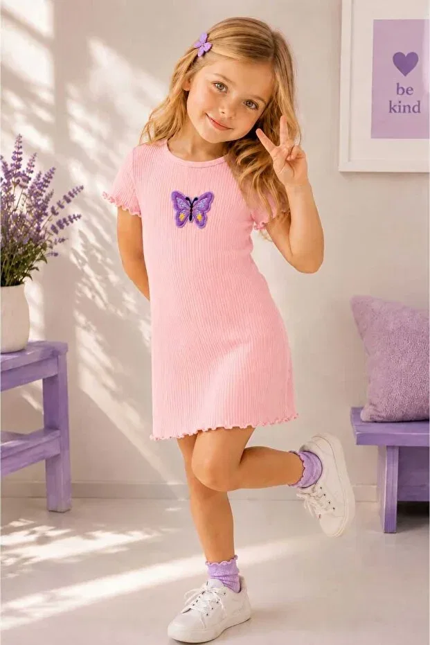 Детское платье для девочек с принтом Butterfly Detailed Corded My Kids Wear, Beige — фото 4