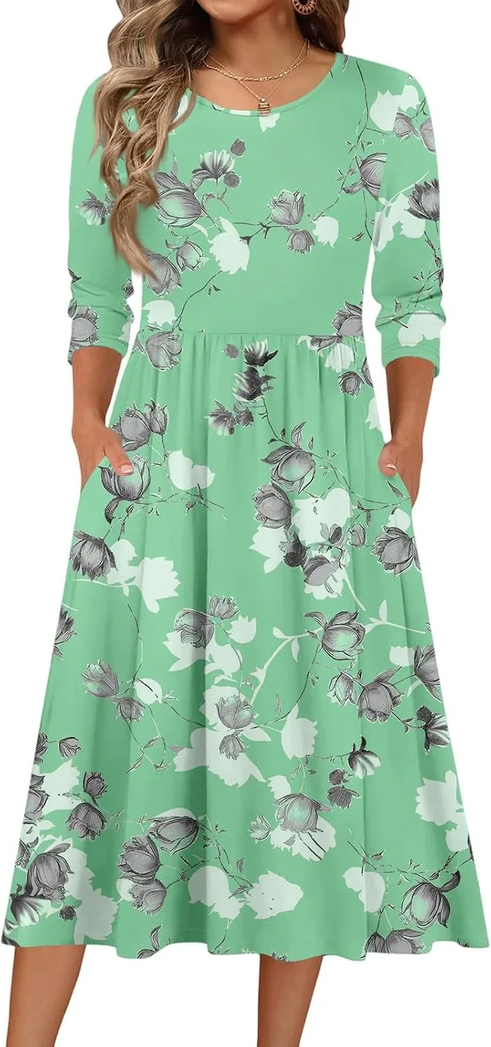 Женское платье свободного кроя с карманами 3/4 рукав, Light Green