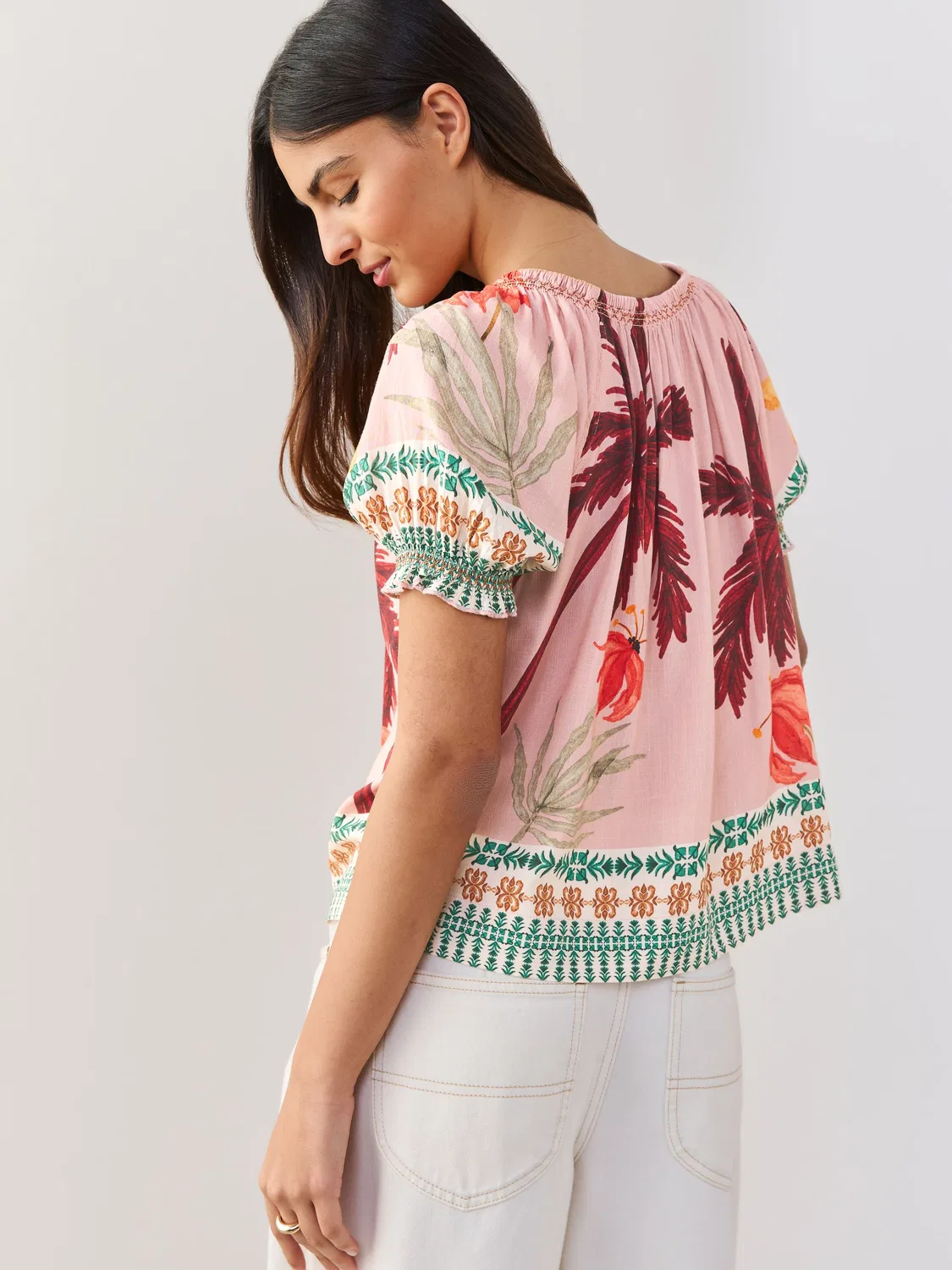 Топ с открытыми плечами и рукавами-фонариками Pink Palm Tree Print Next, розовый принт — фото 4