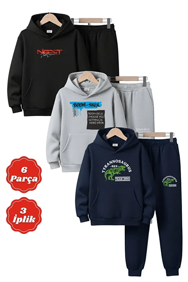Детский спортивный комплект для мальчиков с принтом 3 iplik k hooded kangaroo pocket ş fleece-lined winter print detailed Fyk Kids, Black-Grey-Navy Blue