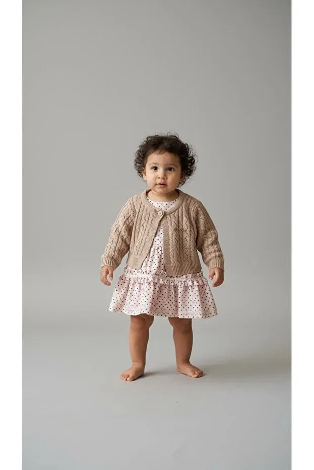 Детский комплект для девочек из футера с оборкой Pink And Blue Kids, Beige-Milky Brown
