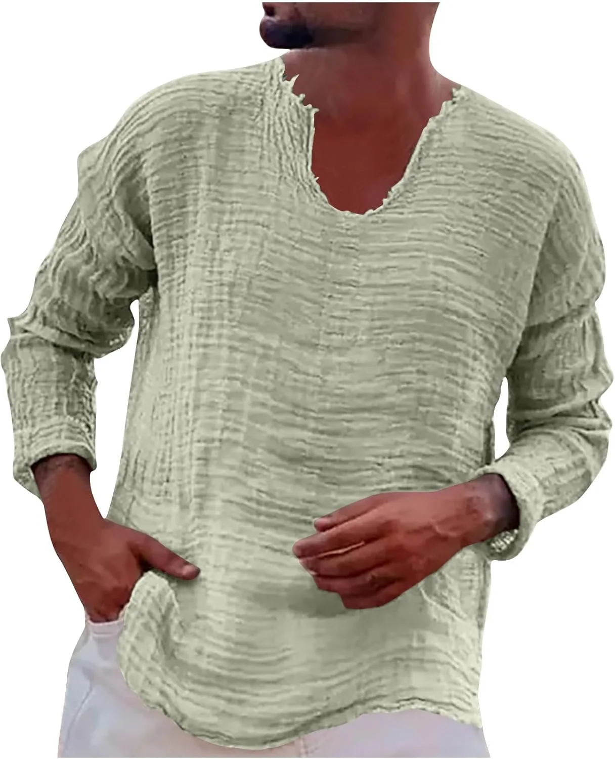 

Мужская льняная рубашка с длинным рукавом и V-образным вырезом Sdeycui