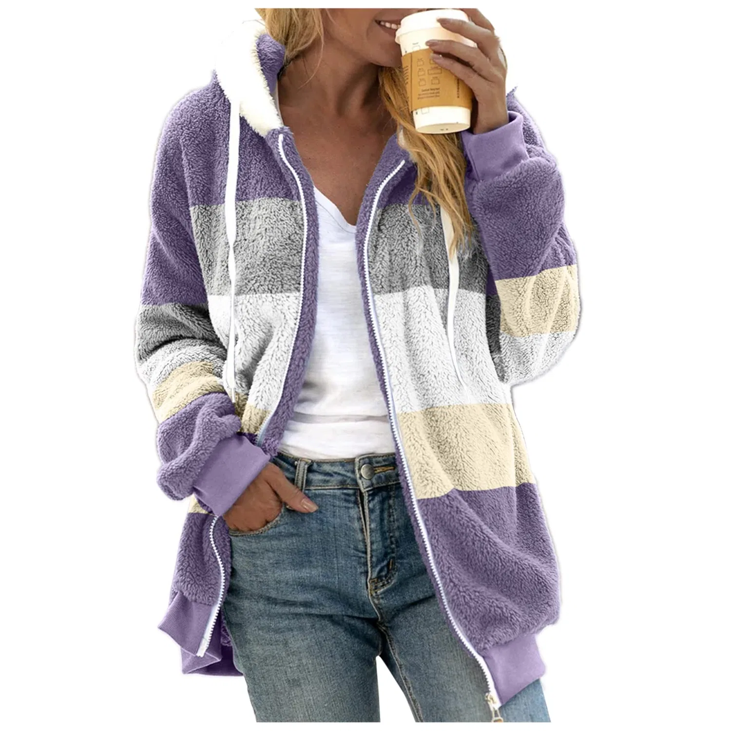 Женская куртка-худи с принтом Teddy Women's Two-Tone Fleece Jacket Hooded Long Sleeve Hooded Outdoor Jacket for Teens Girls, Lilla