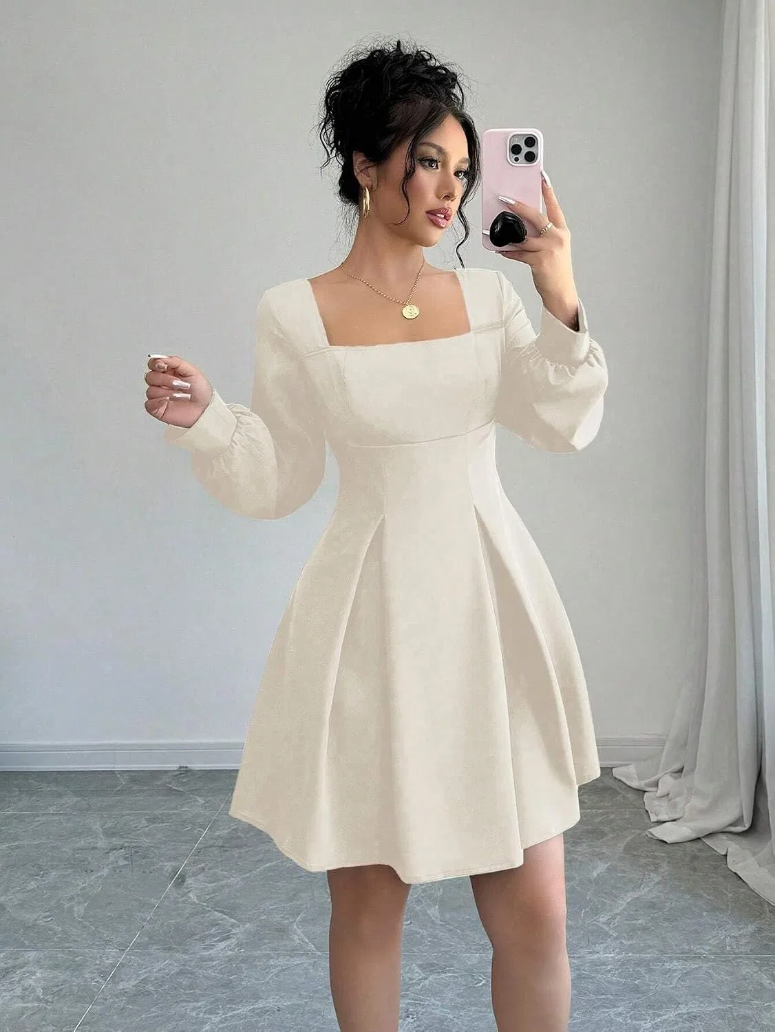 Женское повседневное платье A-силуэта с квадратным вырезом, Beige — фото 2