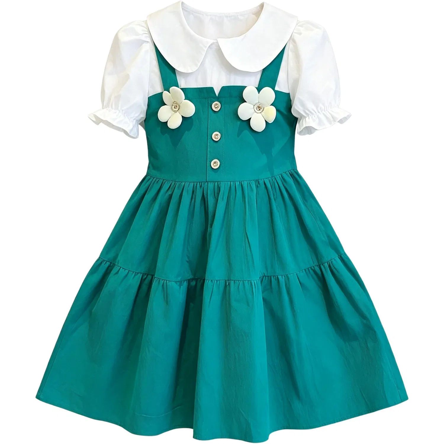 Детское платье для девочек с принтом Peacock Green, Peter Pan Collar Moderate Midi Dress, YALU