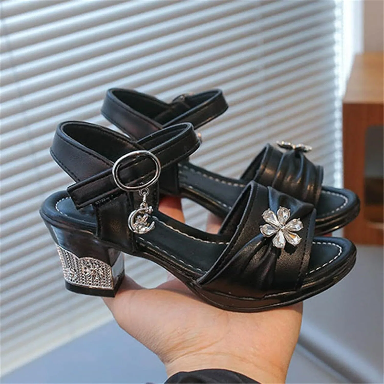 Детские туфли для девочек с принтом Rhinestone Flower Princess Party Heels, Black — фото 2