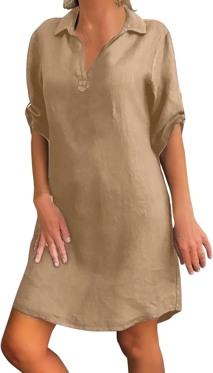 Женское летнее платье свободного кроя из хлопка и льна, Khaki